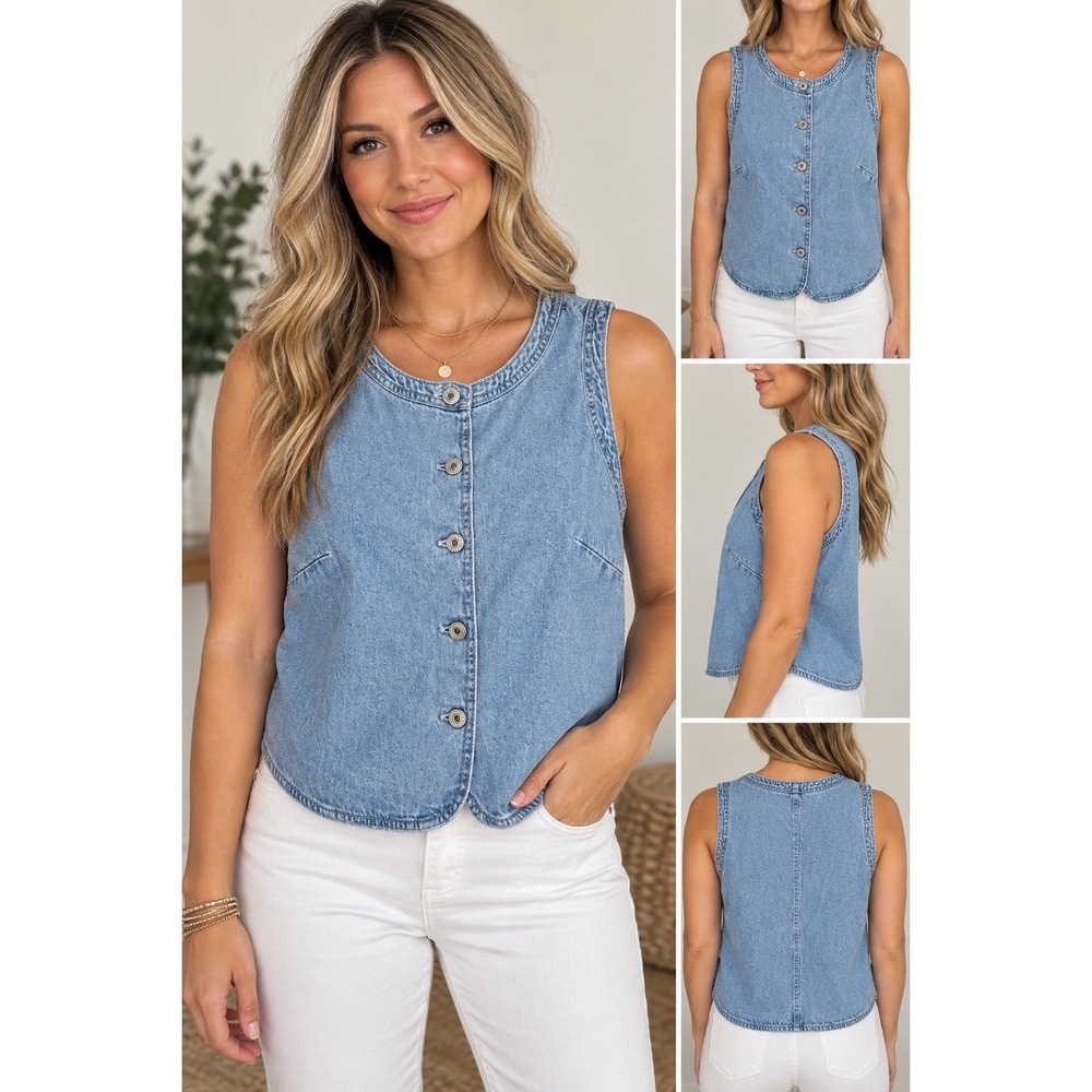 American Eagle Women's Blue Denim Vest Y2K Utility Sleek Size Medium New NWT - Picture 2 of 10